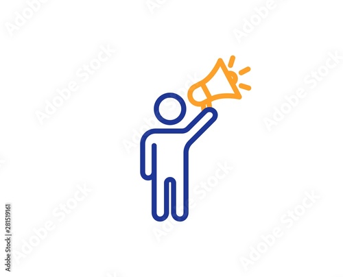 Holding megaphone sign. Brand ambassador line icon. Advertisement device symbol. Colorful outline concept. Blue and orange thin line brand ambassador icon. Vector