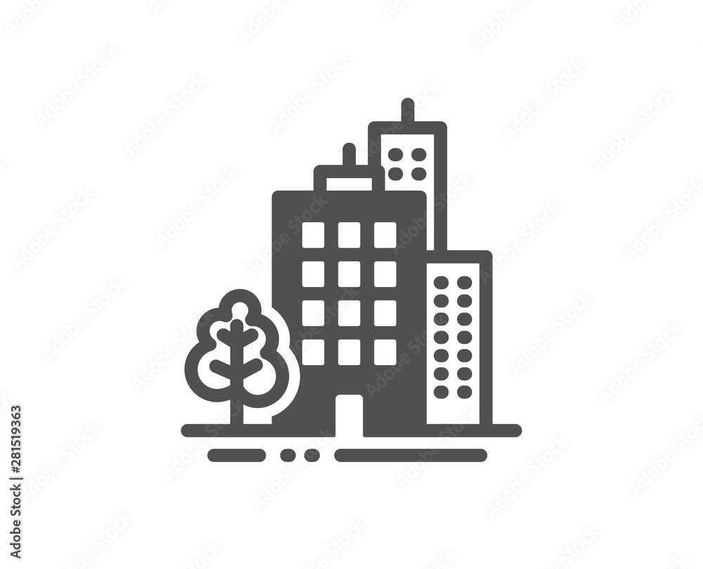 City architecture with tree sign. Buildings icon. Skyscraper building symbol. Classic flat style. Simple buildings icon. Vector