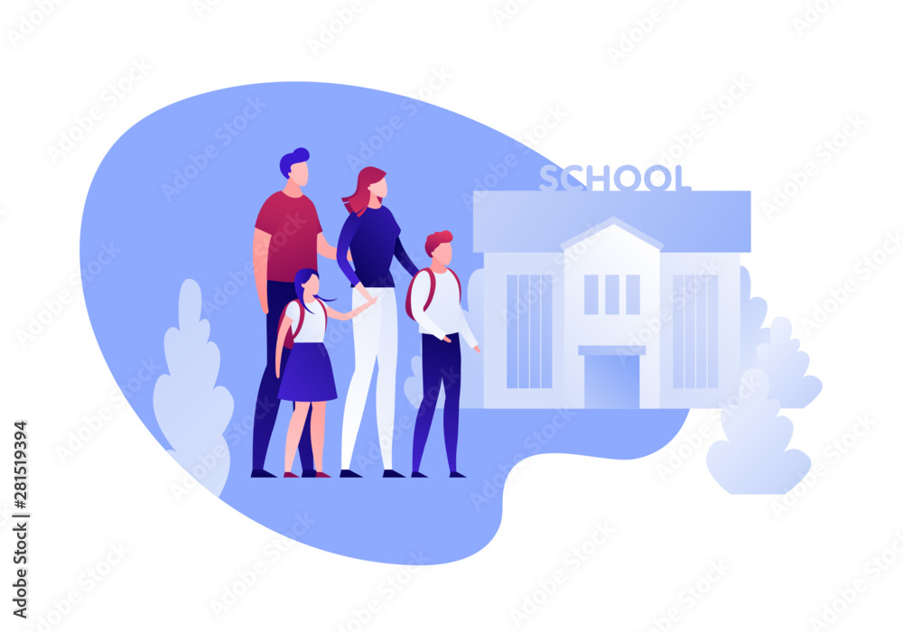 Vector modern flat back to school family character illustration. Parents with kids going to school building with trees in fluid shape frame on white. Design element for banner, poster, card Vector modern flat back to school family character illustration. Parents with kids going to school building with trees in fluid shape frame on white. Design element for banner, poster, card