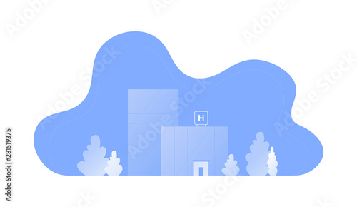 Vector modern flat hospital landscape illustration. Blue gradient color buildings with tree in fluid shape frame isolated on white background Design for medicine banner, template, report, web, app, ui