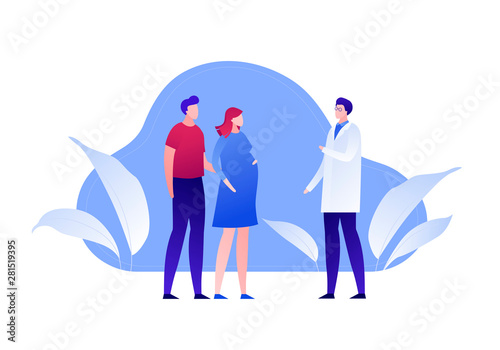 Vector modern flat family planning illustration. Male and pregnant female consulting doctor about pregnancy on blue fluid shape background. Design element for banner, poster, clinic, infographics.