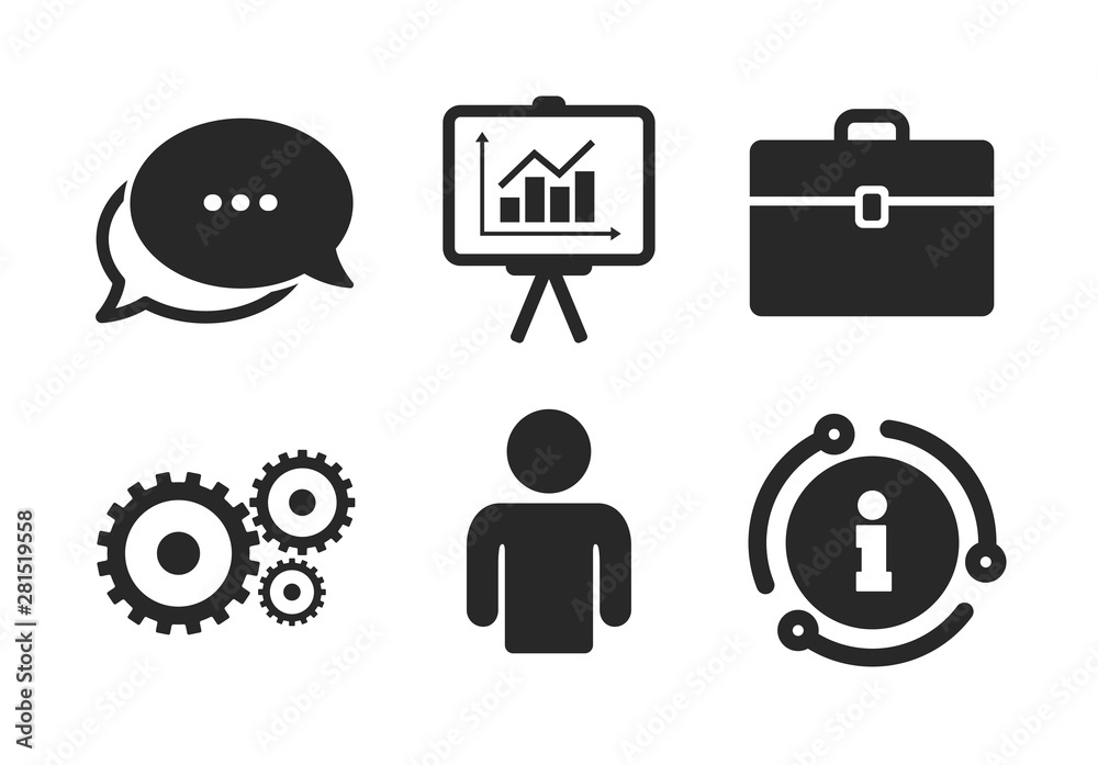Human silhouette and presentation board with charts signs. Chat, info sign. Business icons. Case and gear symbols. Classic style speech bubble icon. Vector Human silhouette and presentation board with charts signs. Chat, info sign. Business icons. Case and gear symbols. Classic style speech bubble icon. Vector