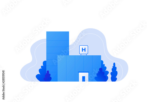 Vector modern flat hospital landscape illustration. Blue gradient color buildings with tree in fluid shape frame isolated on white background. Design element for medicine banner, template, report, web