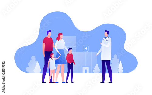 Vector modern flat family doctor illustration. Parents with child female visiting hospital on landscape building background. Design element for banner, poster, clinic, infographics.