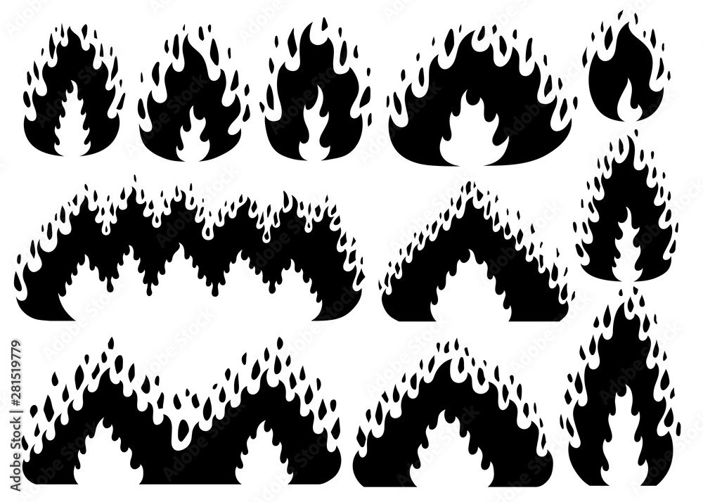 Set of silhouette fiery flame icon in cartoon and flat style. Isolated object in different forms.