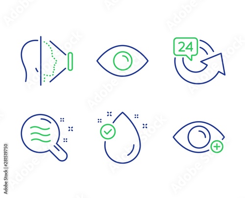 Eye, Face id and Skin condition line icons set. 24 hours, Vitamin e and Farsightedness signs. View or vision, Phone scanning, Search magnifier. Repeat. Medical set. Line eye outline icons. Vector