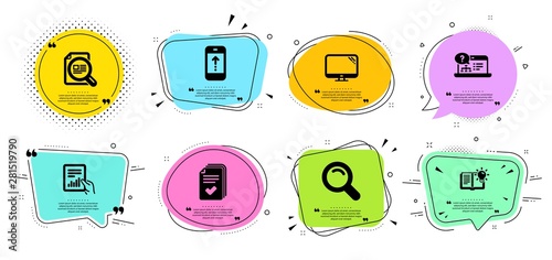 Handout, Product knowledge and Document line icons set. Chat bubbles with quotes. Check article, Swipe up and Search signs. Computer, Online help symbols. Documents example, Education process. Vector