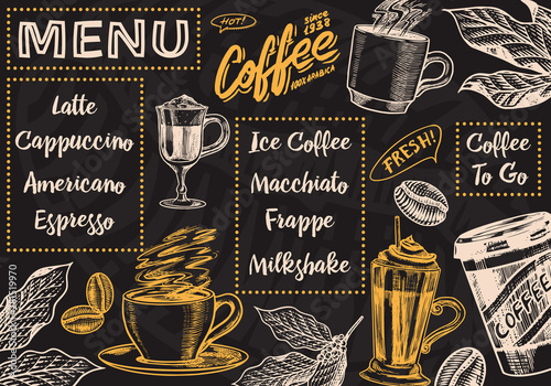 Coffee menu background in vintage style. Vector Template Banner. Hand drawn engraved poster, retro doodle sketch for Cafe. Cup and calligraphic inscription.