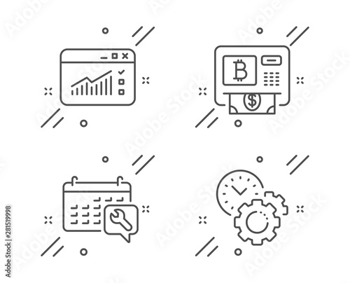 Bitcoin atm, Web traffic and Spanner line icons set. Time management sign. Cryptocurrency change, Website window, Repair service. Settings. Technology set. Line bitcoin atm outline icon. Vector
