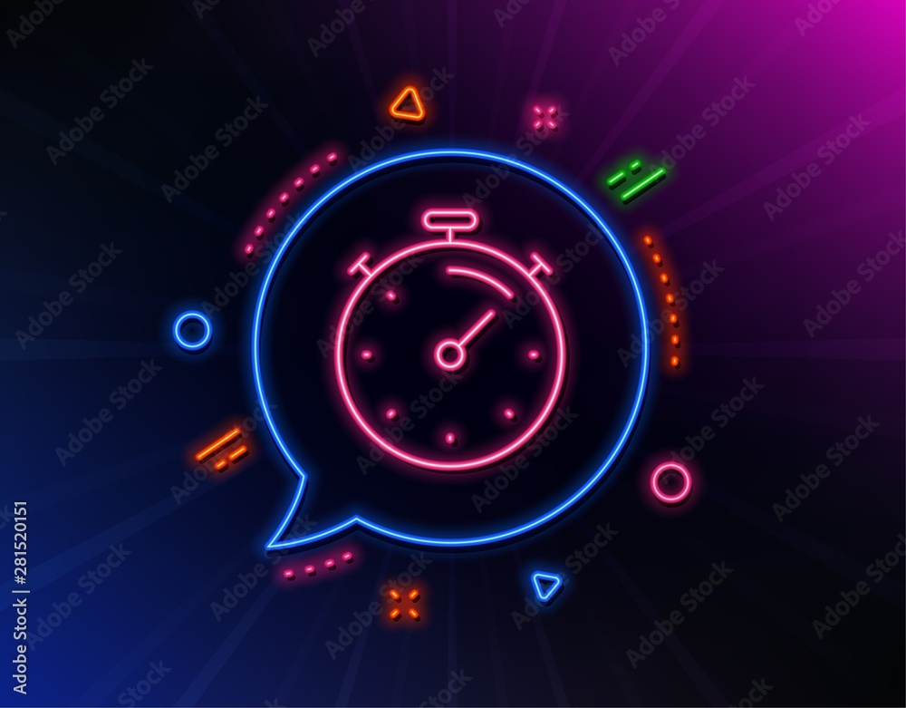 Timer line icon. Neon laser lights. Time management sign. Stopwatch symbol. Glow laser speech bubble. Neon lights chat bubble. Banner badge with timer icon. Vector Timer line icon. Neon laser lights. Time management sign. Stopwatch symbol. Glow laser speech bubble. Neon lights chat bubble. Banner badge with timer icon. Vector