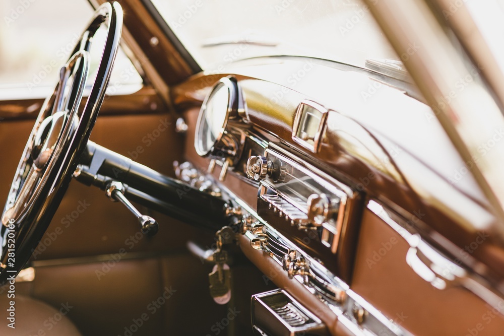 Naklejka premium Valencia, Spain - October 14, 2018: Interior of a luxury vintage car.