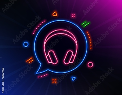 Headphones line icon. Neon laser lights. Music listening device sign. DJ or Audio symbol. Glow laser speech bubble. Neon lights chat bubble. Banner badge with headphones icon. Vector