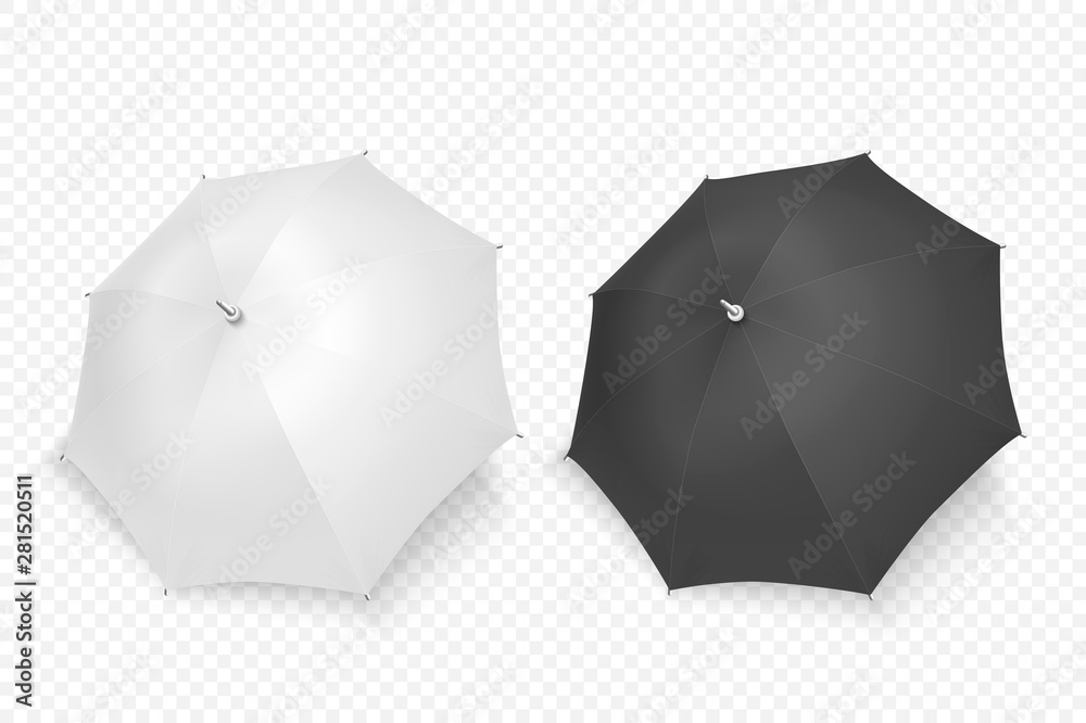 Vector 3d Realistic Render White and Black Blank Umbrella Icon Set Closeup Isolated on Transparent Background. Design Template of Opened Parasols for Mock-up, Branding, Advertise etc. Top View - obrazy, fototapety, plakaty 