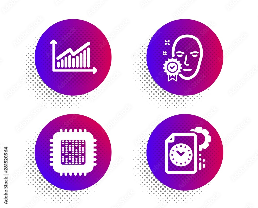 Graph, Cpu processor and Face verified icons simple set. Halftone dots button. Project deadline sign. Presentation diagram, Computer component, Access granted. Time management. Science set. Vector
