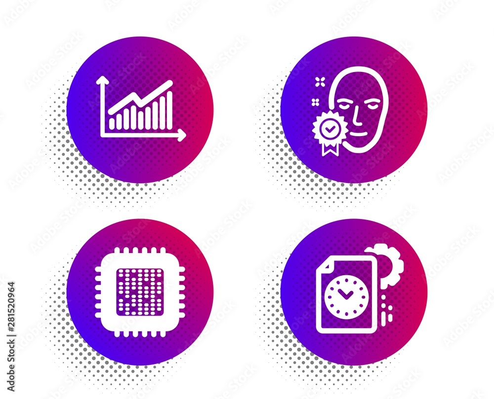 Graph, Cpu processor and Face verified icons simple set. Halftone dots button. Project deadline sign. Presentation diagram, Computer component, Access granted. Time management. Science set. Vector Graph, Cpu processor and Face verified icons simple set. Halftone dots button. Project deadline sign. Presentation diagram, Computer component, Access granted. Time management. Science set. Vector