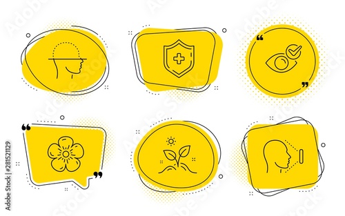 Face scanning, Check eye and Face id signs. Chat bubbles. Grow plant, Natural linen and Medical shield line icons set. Leaves, Organic tested, Medicine protection. Faces detection. Vector