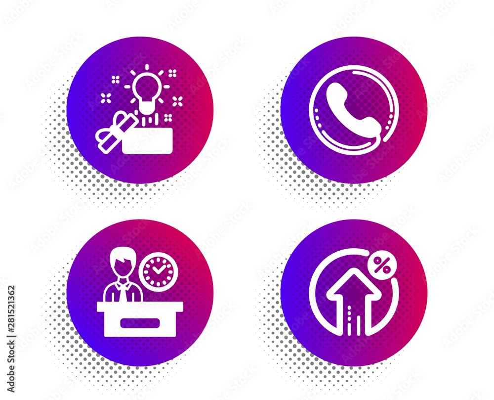 Call center, Presentation time and Creative idea icons simple set. Halftone dots button. Loan percent sign. Phone support, Report, Present box. Growth rate. Business set. Vector