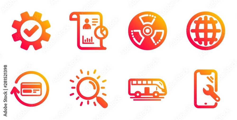 Report, Refund commission and Globe line icons set. Bus tour, Chemical hazard and Search signs. Service, Smartphone repair symbols. Work statistics, Cashback card. Business set. Vector Report, Refund commission and Globe line icons set. Bus tour, Chemical hazard and Search signs. Service, Smartphone repair symbols. Work statistics, Cashback card. Business set. Vector