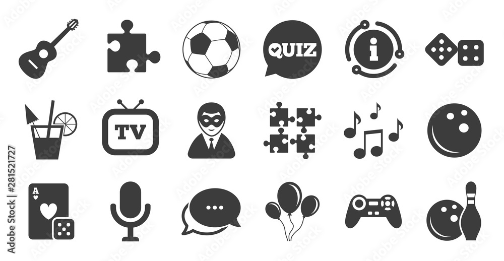 Set of Games, Entertainment and Services icons. Information, chat bubble icon. Football, Bowling and Puzzle signs. Casino, Carnival and Music symbols. Quality set. Vector Set of Games, Entertainment and Services icons. Information, chat bubble icon. Football, Bowling and Puzzle signs. Casino, Carnival and Music symbols. Quality set. Vector