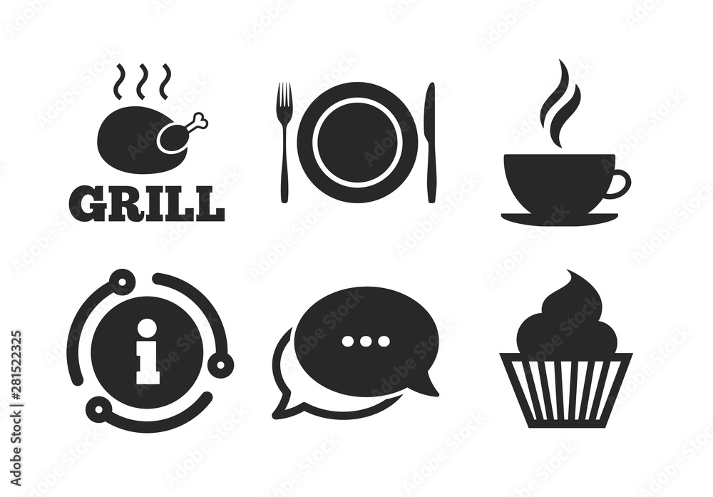Muffin cupcake symbol. Chat, info sign. Food and drink icons. Plate dish with fork and knife sign. Hot coffee cup. Classic style speech bubble icon. Vector
