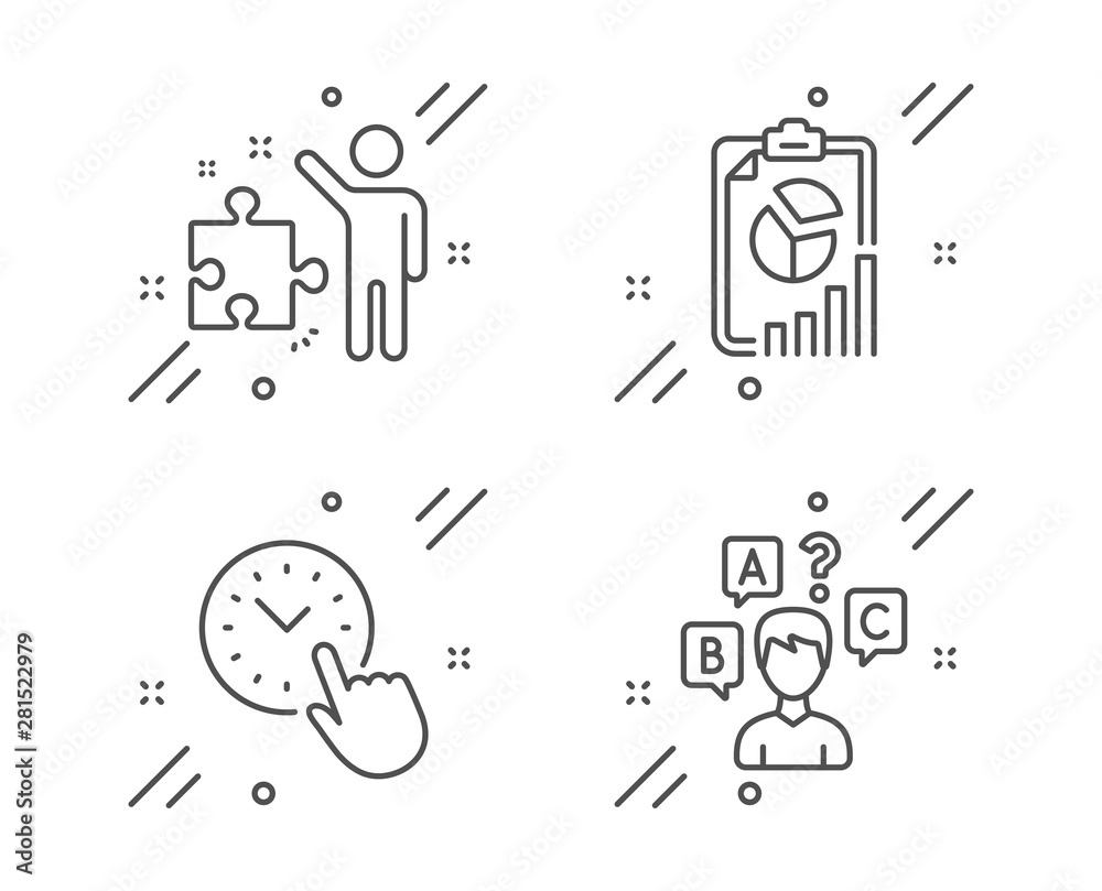 Fototapeta premium Strategy, Time management and Report line icons set. Quiz test sign. Business plan, Office clock, Presentation chart. Interview. Education set. Line strategy outline icon. Vector