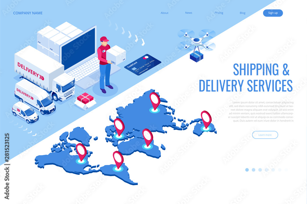 Isometric Logistics and Delivery Infographics. Delivery home and office. City logistics. Warehouse, truck, forklift, courier, drone and delivery man