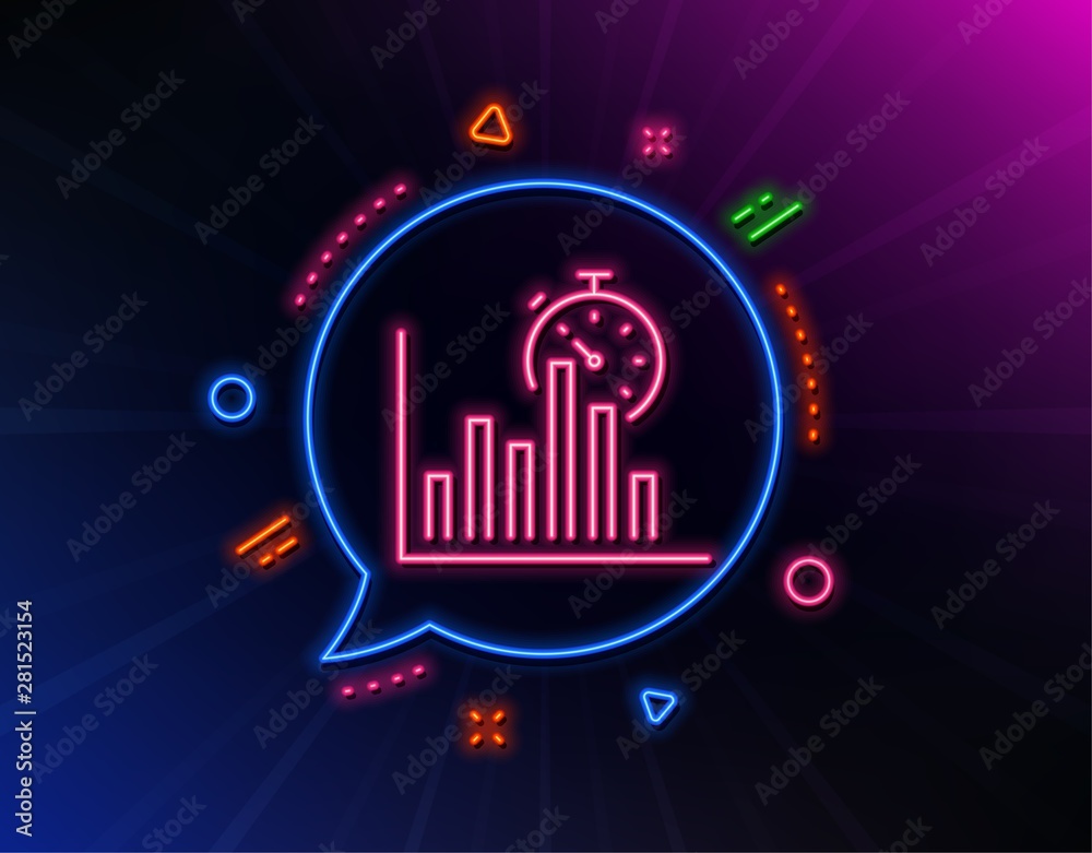 Obraz premium Report timer line icon. Neon laser lights. Column graph sign. Growth diagram chart symbol. Glow laser speech bubble. Neon lights chat bubble. Banner badge with report timer icon. Vector