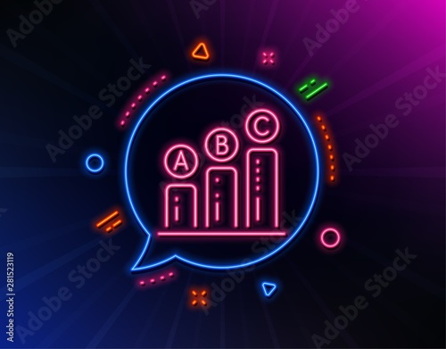Graph line icon. Neon laser lights. Column chart sign. Ab test diagram symbol. Glow laser speech bubble. Neon lights chat bubble. Banner badge with graph chart icon. Vector