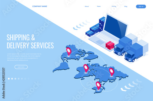 Isometric Logistics and Delivery Infographics. Delivery home and office. City logistics. Warehouse, truck, forklift, courier, drone and delivery man