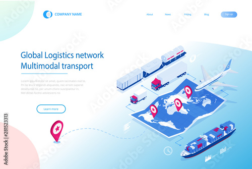 Web template banner Global logistics network Flat isometric illustration of air cargo trucking rail transportation maritime shipping On-time delivery Vehicles designed to carry large numbers of cargo