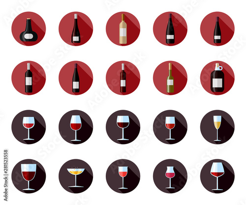 Flat vector icons of black and white wine bottles. Flat vector illustration of glass of wine and wine bottle with label.