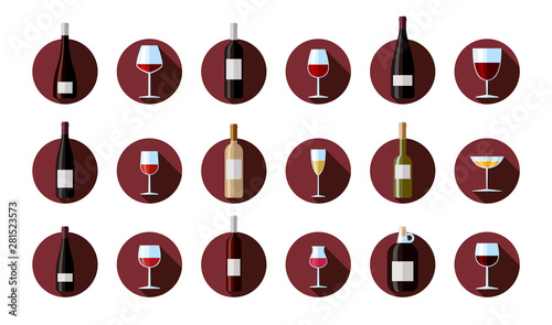 Flat vector icons of black and white wine bottles. Flat vector illustration of glass of wine and wine bottle with label.
