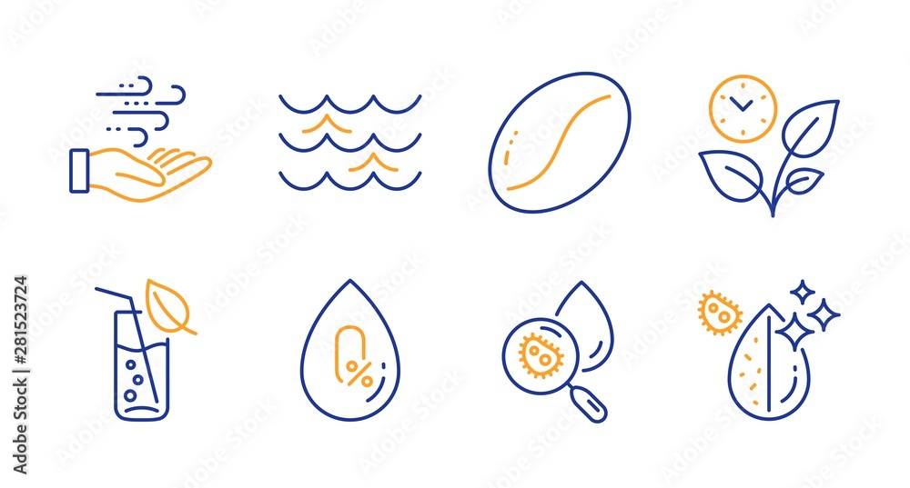 Water glass, Wind energy and Water analysis line icons set. Leaves, No alcohol and Waves signs. Coffee beans symbol. Soda drink, Breeze power. Nature set. Line water glass icon. Vector