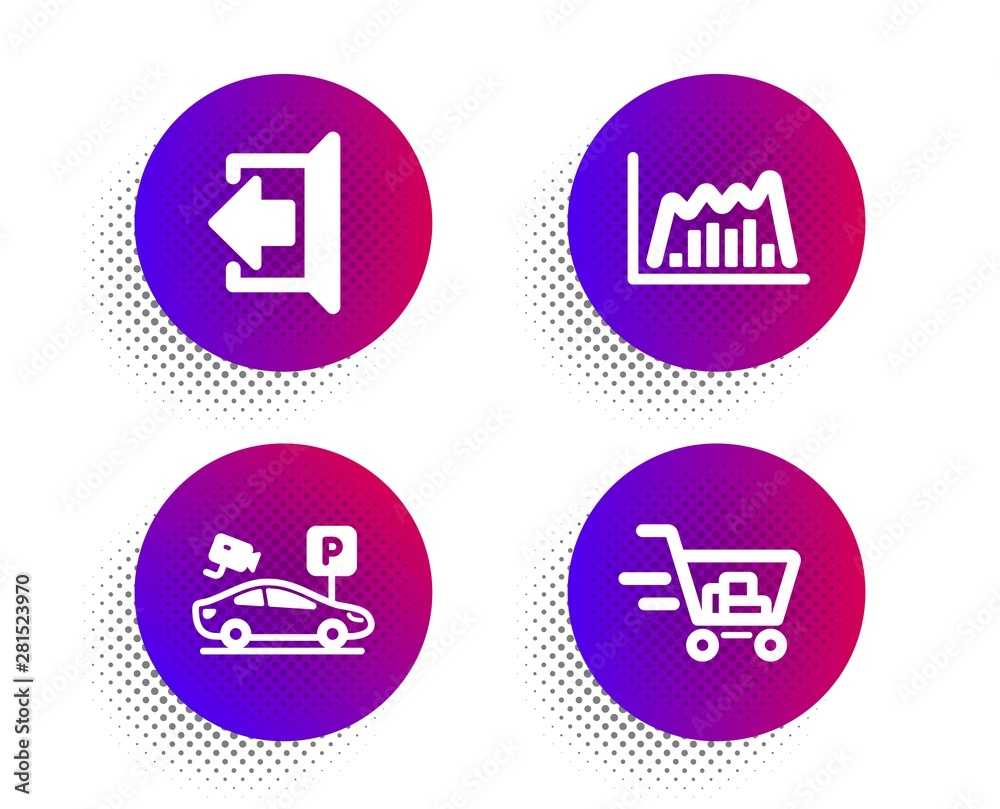 Infographic graph, Parking security and Sign out icons simple set. Halftone dots button. Shopping cart sign. Line diagram, Video camera, Logout. Online buying. Business set. Vector Infographic graph, Parking security and Sign out icons simple set. Halftone dots button. Shopping cart sign. Line diagram, Video camera, Logout. Online buying. Business set. Vector