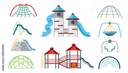Kid playground equipment flat icons. Vector icon set with different types of elements on the playground.