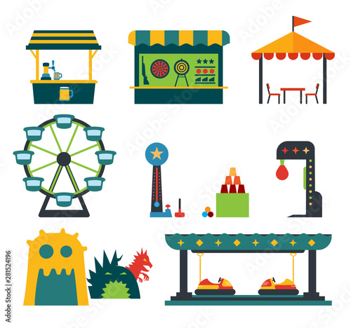 Amusement park flat icons. Fun and entertainment, festivals and outdoor celebrations.