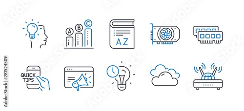 Set of Science icons, such as Gpu, Time management, Seo marketing, Vocabulary, Idea, Cloudy weather, Ram, Graph chart, Education, Wifi line icons. Graphic card, Idea lightbulb. Line gpu icon. Vector