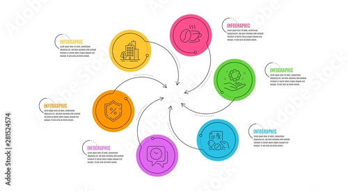 Buildings, Coffee cup and Prescription drugs line icons set. Infographic timeline. Loan percent, Employee hand and Clock signs. City architecture, Roasted bean, Pills. Protection shield. Vector