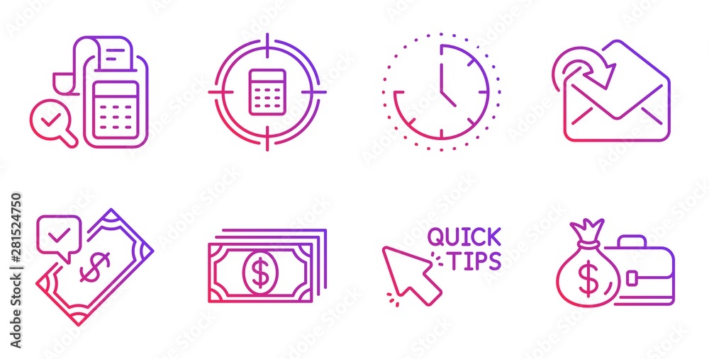 Accepted payment, Quick tips and Receive mail line icons set. Time, Calculator target and Payment signs. Bill accounting, Salary symbols. Bank transfer, Helpful tricks. Education set. Vector Accepted payment, Quick tips and Receive mail line icons set. Time, Calculator target and Payment signs. Bill accounting, Salary symbols. Bank transfer, Helpful tricks. Education set. Vector