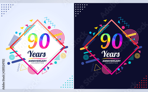 90 years anniversary with modern square design elements, colorful edition, celebration template design,