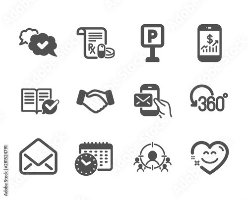 Set of Business icons, such as Handshake, Mobile finance, Approved documentation, Business targeting, Smile chat, Messenger mail, Full rotation, Approved, Medical prescription, Mail. Vector