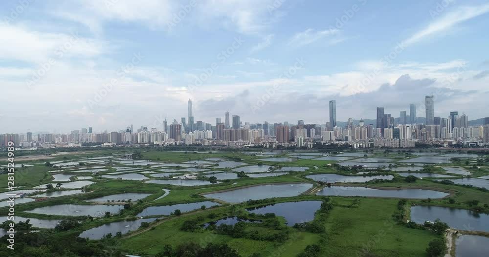 Rural green fields with fish ponds between Hong Kong and skylines of Shenzhen,China Rural green fields with fish ponds between Hong Kong and skylines of Shenzhen,China