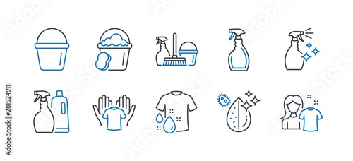 Set of Cleaning icons, such as Household service, Wash t-shirt, Spray, Hold t-shirt, Bucket, Washing cleanser, Dirty water, Sponge, Shampoo and spray, Clean shirt line icons. Vector
