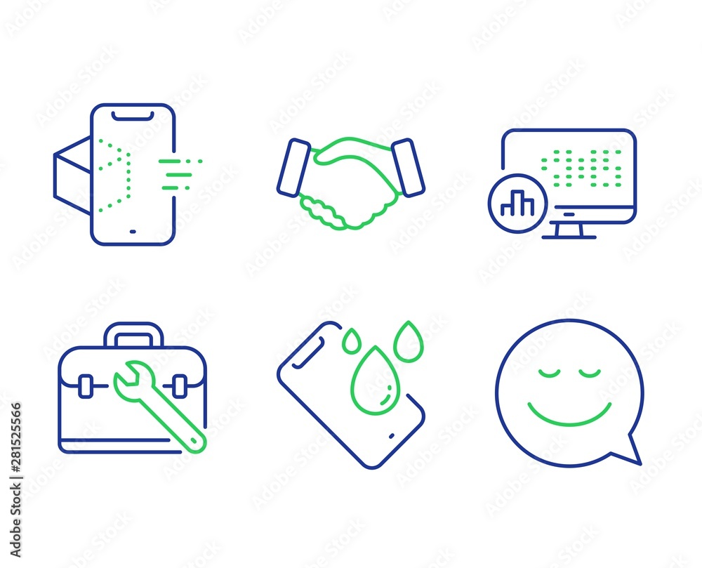 Augmented reality, Smartphone waterproof and Report statistics line icons set. Handshake, Tool case and Smile signs. Phone simulation, Phone, Graph chart. Deal hand. Business set. Vector