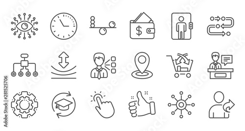 Artificial intelligence, Balance and Refer friend line icons. Timeline, Multichannel. Linear icon set. Quality line set. Vector