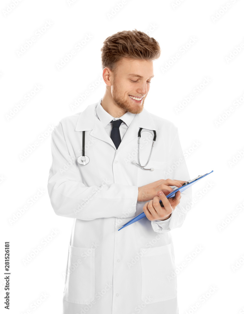 Portrait of medical doctor with clipboard and stethoscope isolated on white Portrait of medical doctor with clipboard and stethoscope isolated on white