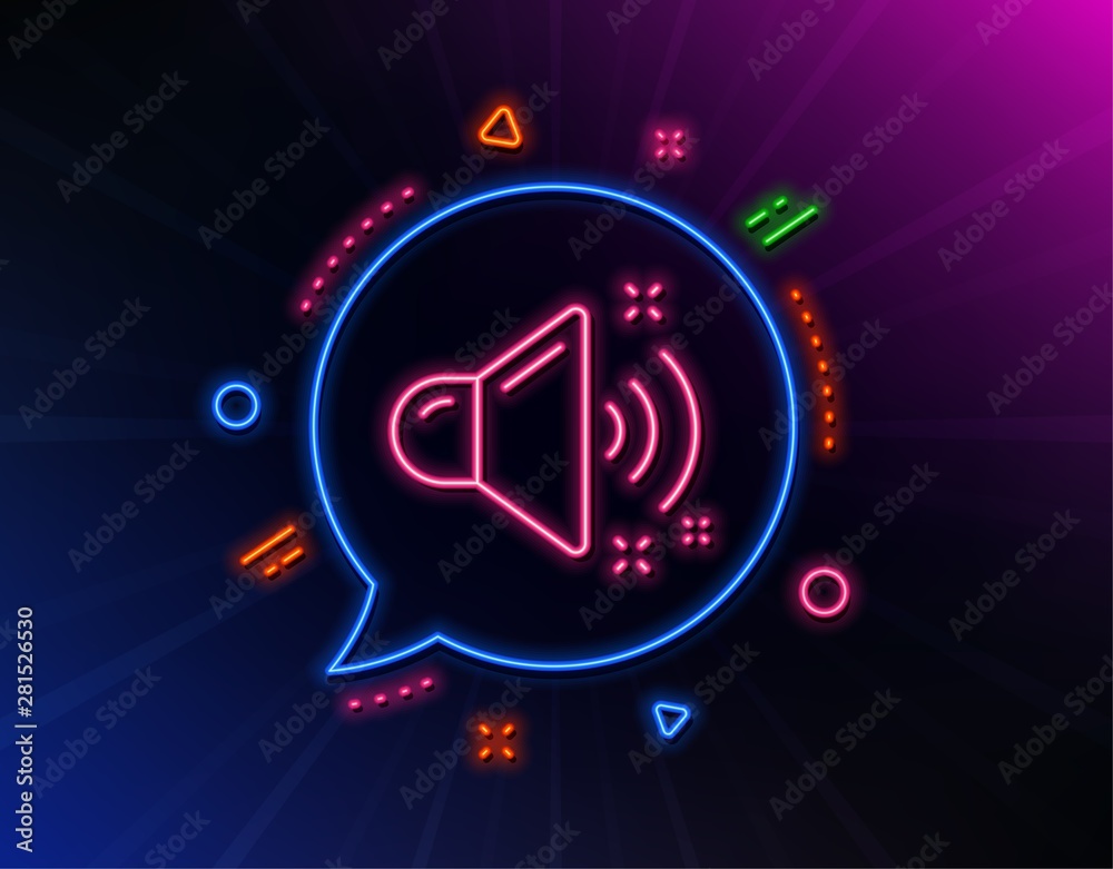 Loud sound line icon. Neon laser lights. Music sound sign. Musical device symbol. Glow laser speech bubble. Neon lights chat bubble. Banner badge with loud sound icon. Vector