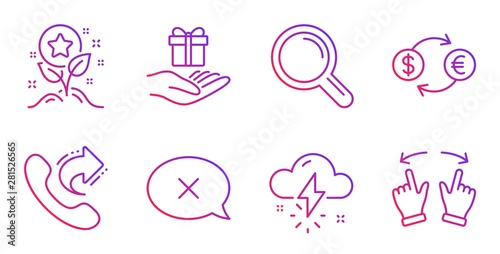 Share call, Thunderstorm weather and Research line icons set. Reject, Loyalty program and Loyalty points signs. Currency exchange, Move gesture symbols. Phone support, Thunder bolt. Vector