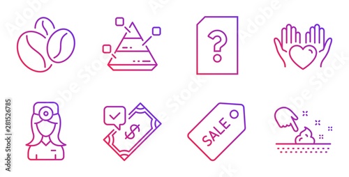 Coffee beans, Hold heart and Unknown file line icons set. Oculist doctor, Sale ticket and Accepted payment signs. Pyramid chart, Skin moisture symbols. Roasted seeds, Care love. Business set. Vector