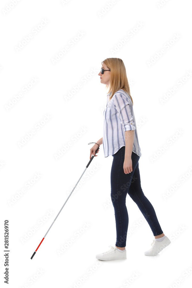 Blind woman in dark glasses with walking cane on white background Blind woman in dark glasses with walking cane on white background